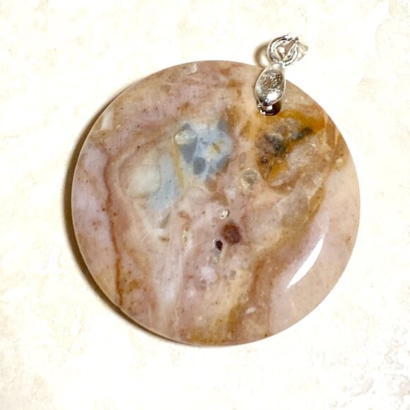 Natural Peachy Agate Pendant, Large Genuine Gemstone Round Coin Pendant - Picture 3 of 12